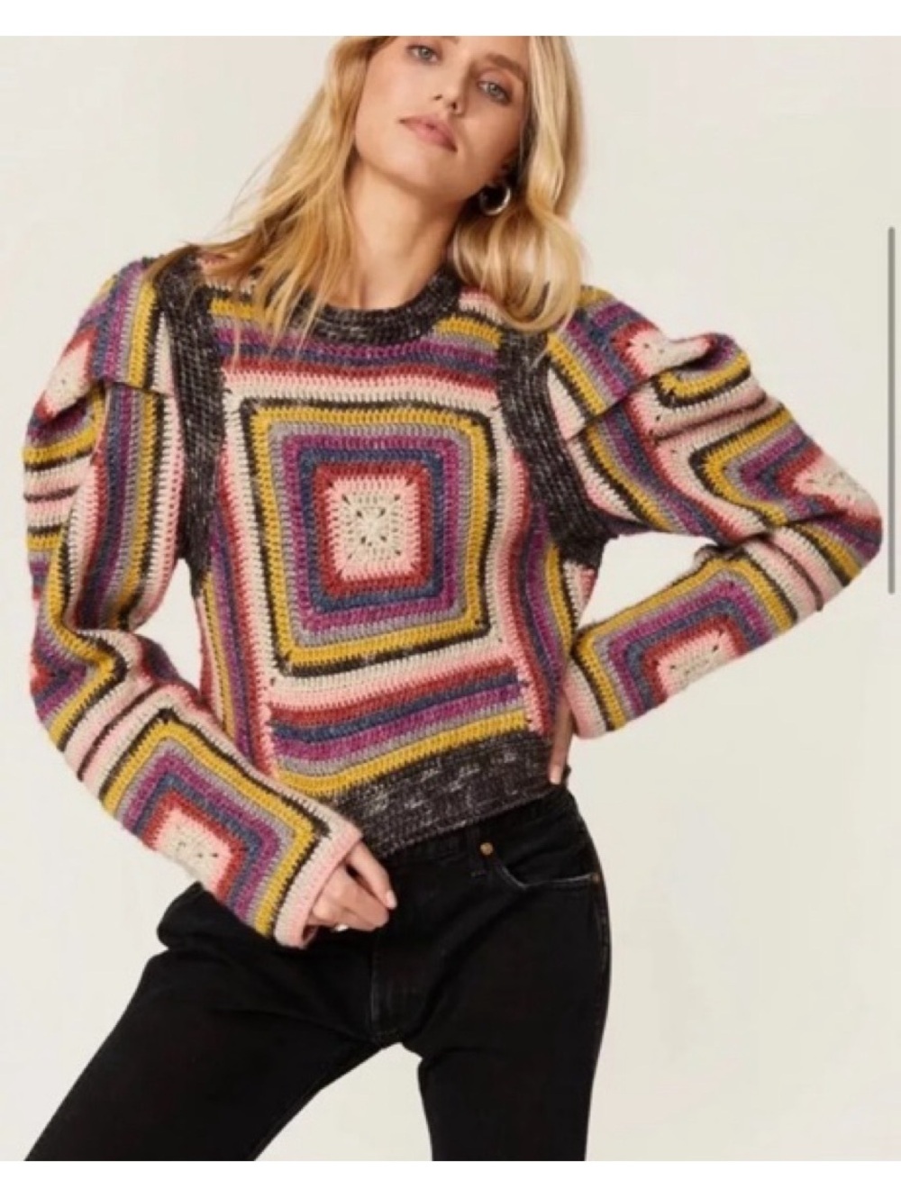 SEA NEW YORK Crocheted Puff Sleeve Bette Sweater MED Boho Chic DOPAMINE DRESSING